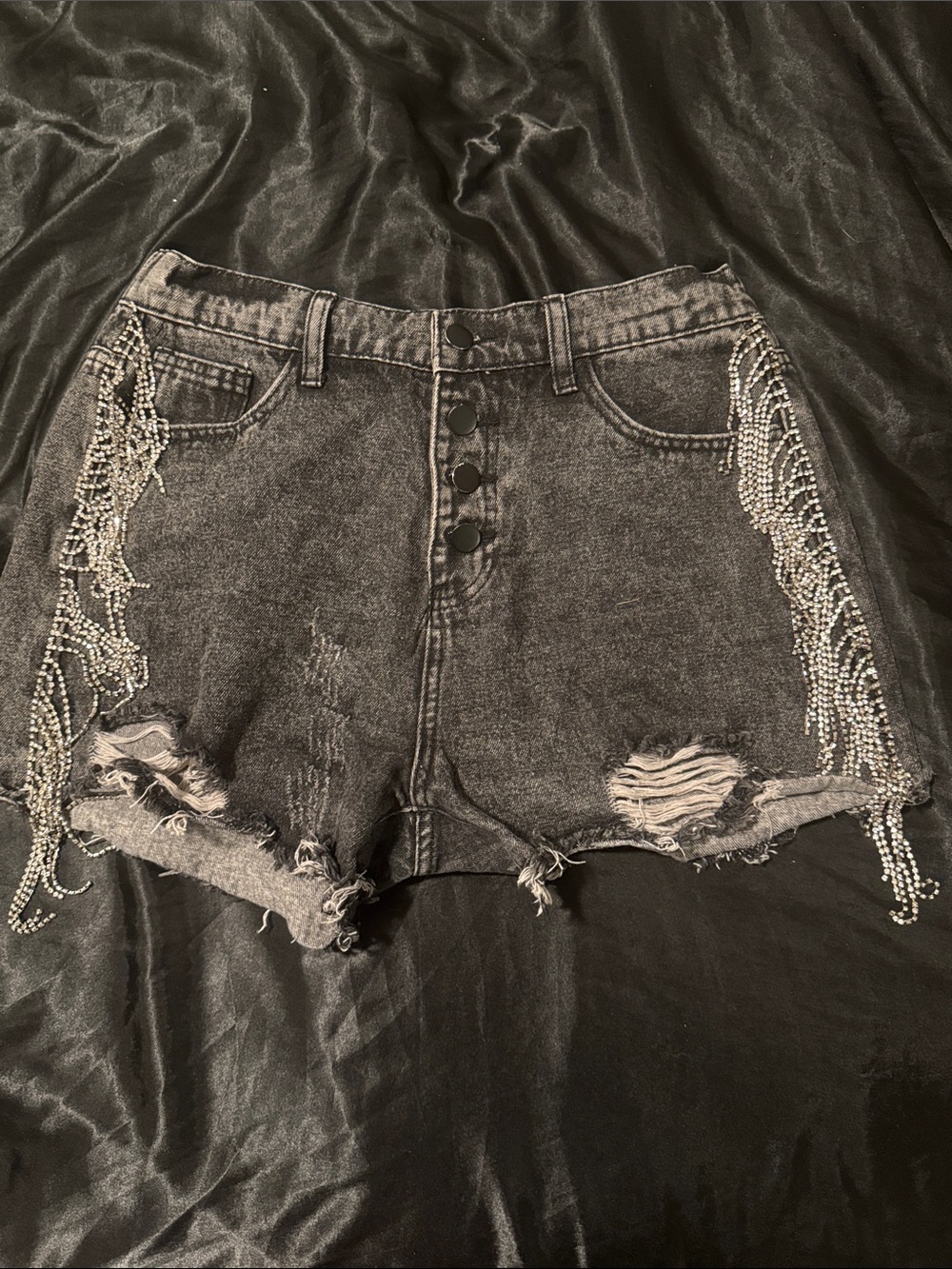 Rhinestone Fringe Distressed Black Denim Shorts